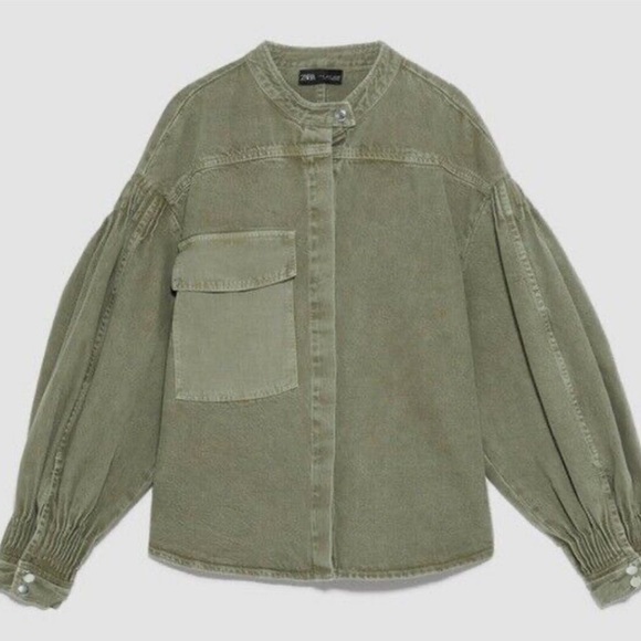 ZARA Women's Green Snap Button Puff Sleeve Denim Shacket Oversized Shirt - Picture 15 of 15